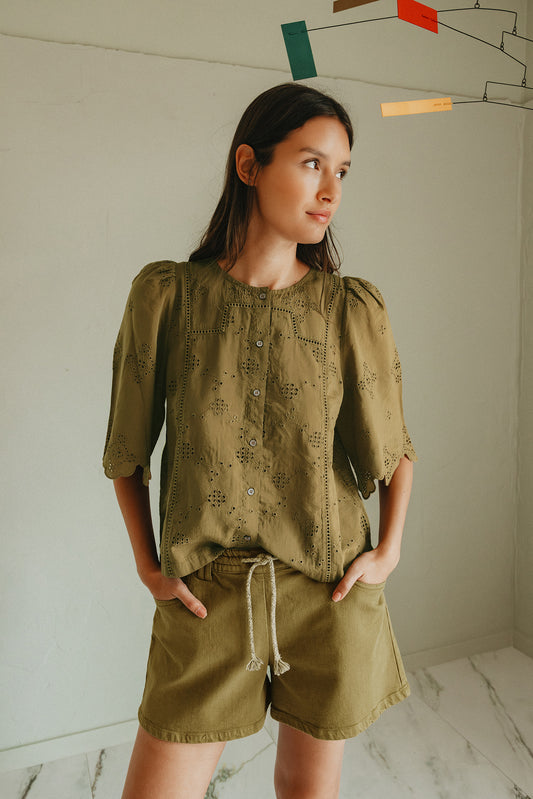 INDI&COLD | Schiffli Embroidered Boxy Blouse - Khaki