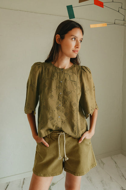 INDI&COLD | Schiffli Embroidered Boxy Blouse - Khaki