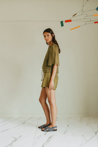 INDI&COLD | Schiffli Embroidered Boxy Blouse - Khaki
