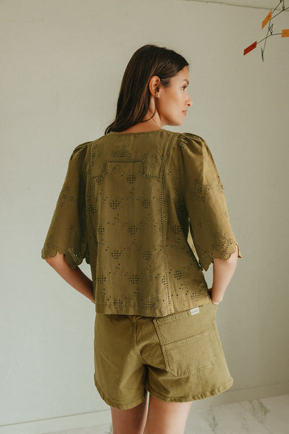INDI&COLD | Schiffli Embroidered Boxy Blouse - Khaki