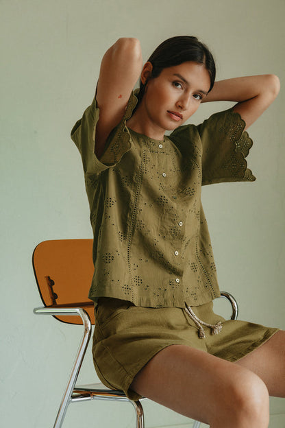 INDI&COLD | Schiffli Embroidered Boxy Blouse - Khaki