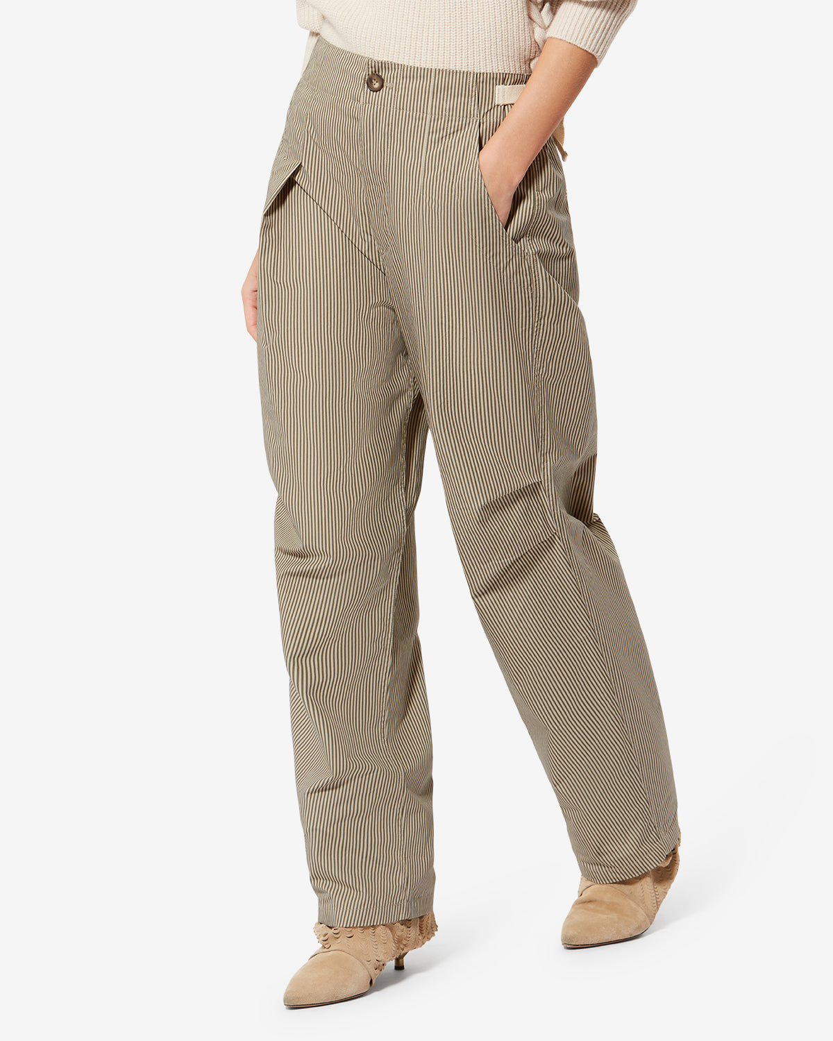 Etoile by Isabel Marant | Ceryne Pleated Carrot Pants in Striped Cotton Canvas Beige-Khaki