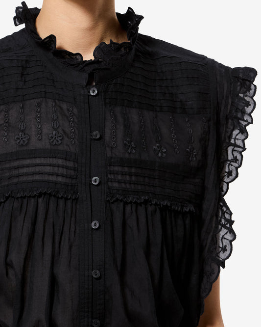Isabel Marant | Dersia Blouse - Embroidered Bib in Cotton Voile Black