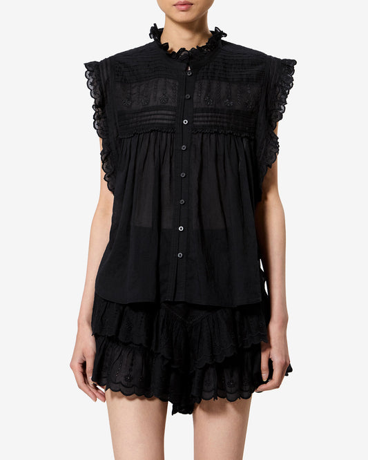 Isabel Marant | Dersia Blouse - Embroidered Bib in Cotton Voile Black