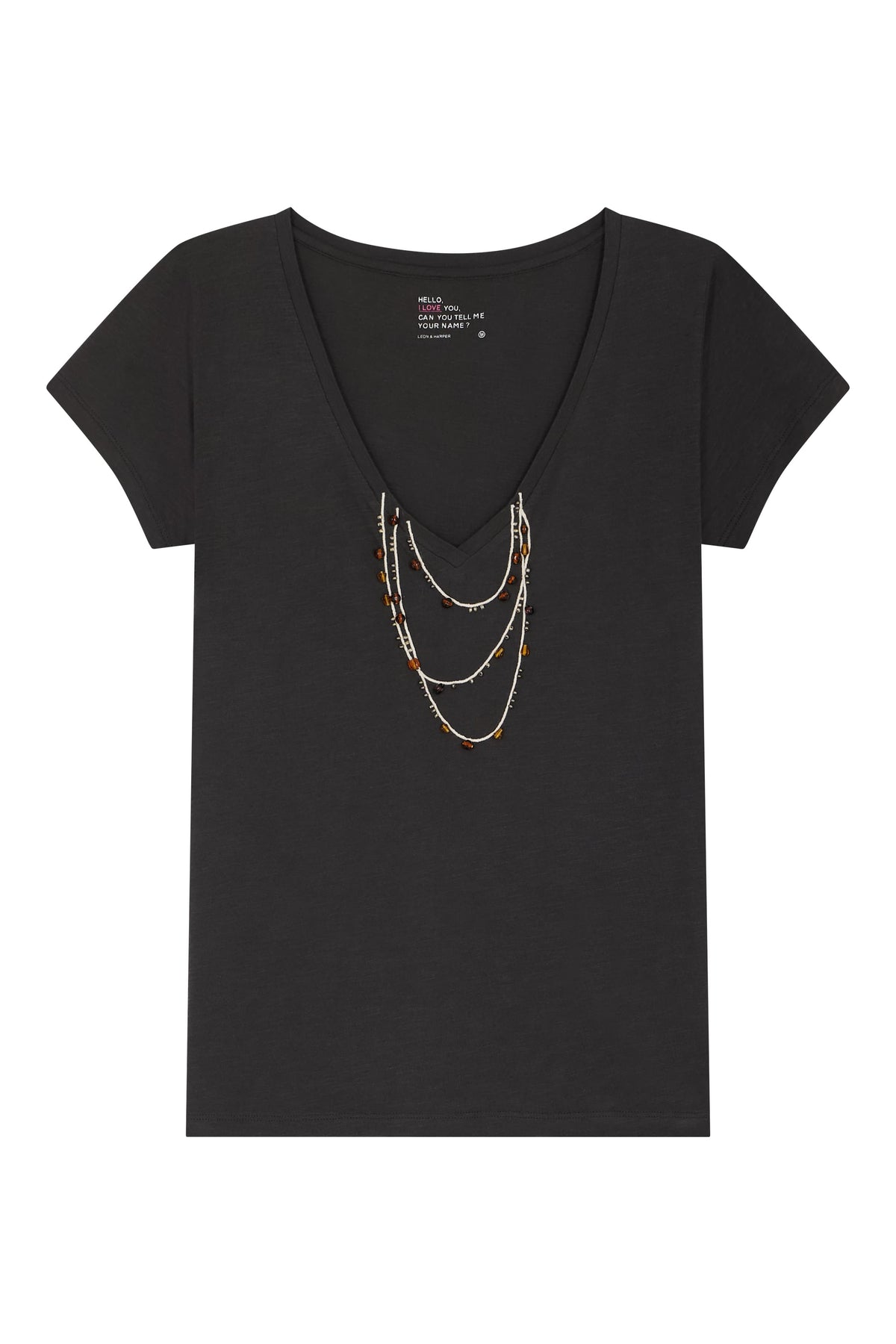 LEON & HARPER | Tonton Amber Pearl-Trimmed V-Neck T-Shirt