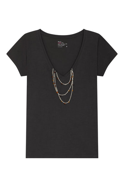 LEON & HARPER | Tonton Amber Pearl-Trimmed V-Neck T-Shirt