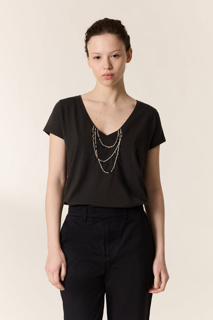 LEON & HARPER | Tonton Amber Pearl-Trimmed V-Neck T-Shirt
