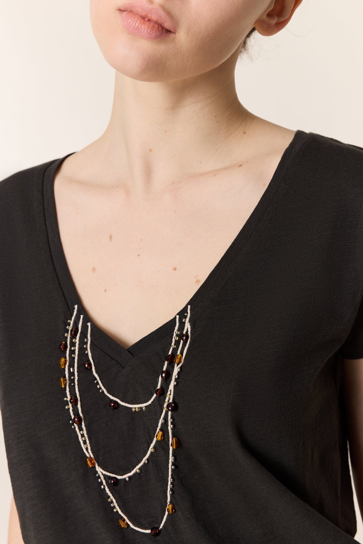 LEON & HARPER | Tonton Amber Pearl-Trimmed V-Neck T-Shirt