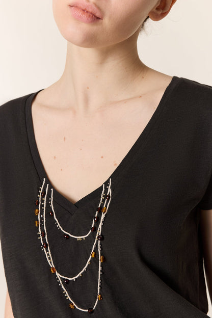 LEON & HARPER | Tonton Amber Pearl-Trimmed V-Neck T-Shirt