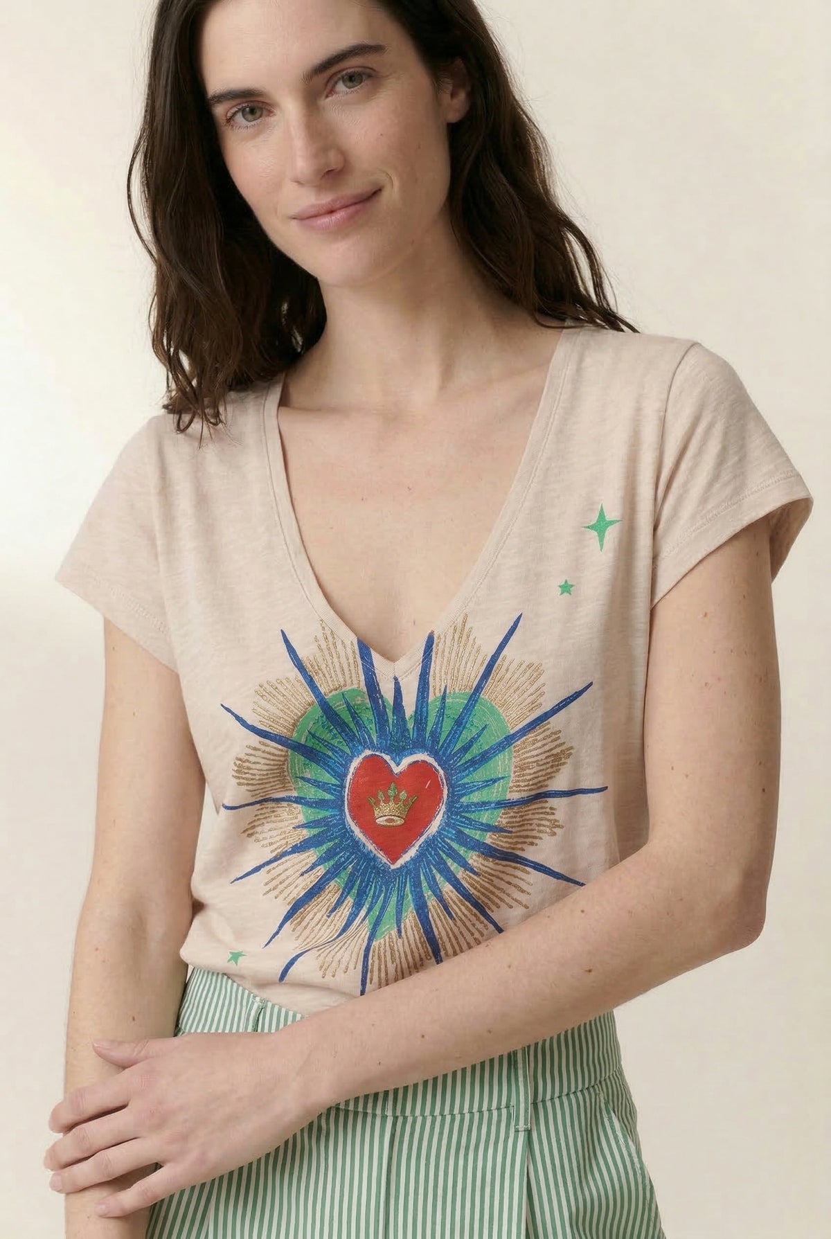 LEON & HARPER | Tonton Tshirt Jc03 Exvo Chalk - Embroidered V-Neck