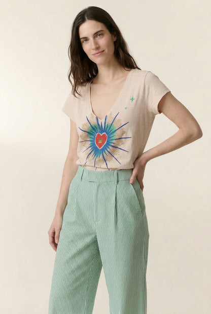 LEON & HARPER | Tonton Tshirt Jc03 Exvo Chalk - Embroidered V-Neck