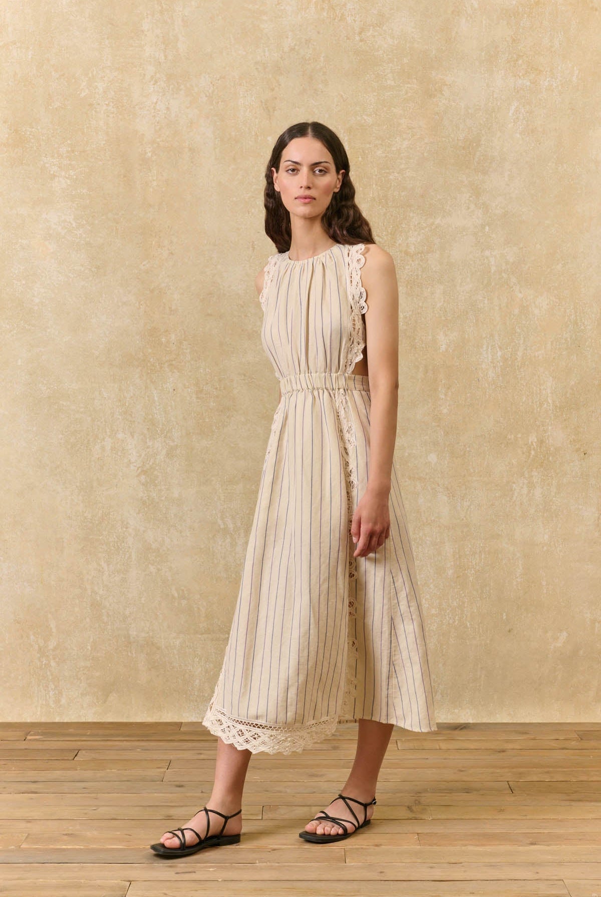 Louise Misha | Ariane Striped Cotton-Linen Dress - Navy Purple