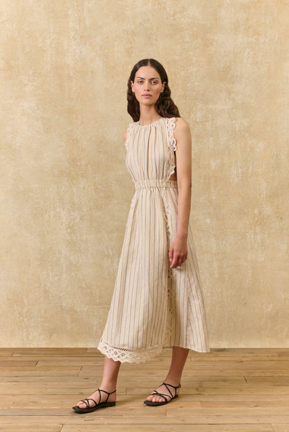 Louise Misha | Ariane Striped Cotton-Linen Dress - Navy Purple