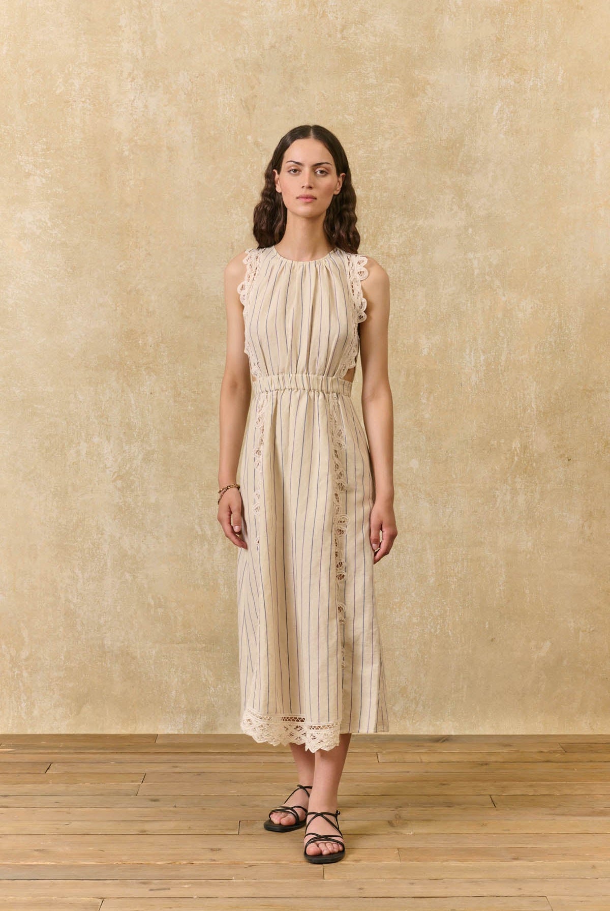 Louise Misha | Ariane Striped Cotton-Linen Dress - Navy Purple