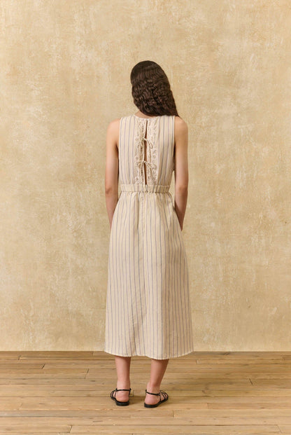 Louise Misha | Ariane Striped Cotton-Linen Dress - Navy Purple