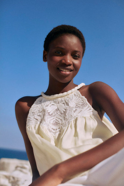 Louise Misha | Grita Yellow Satin Blouse - Hand-Twisted Neckline