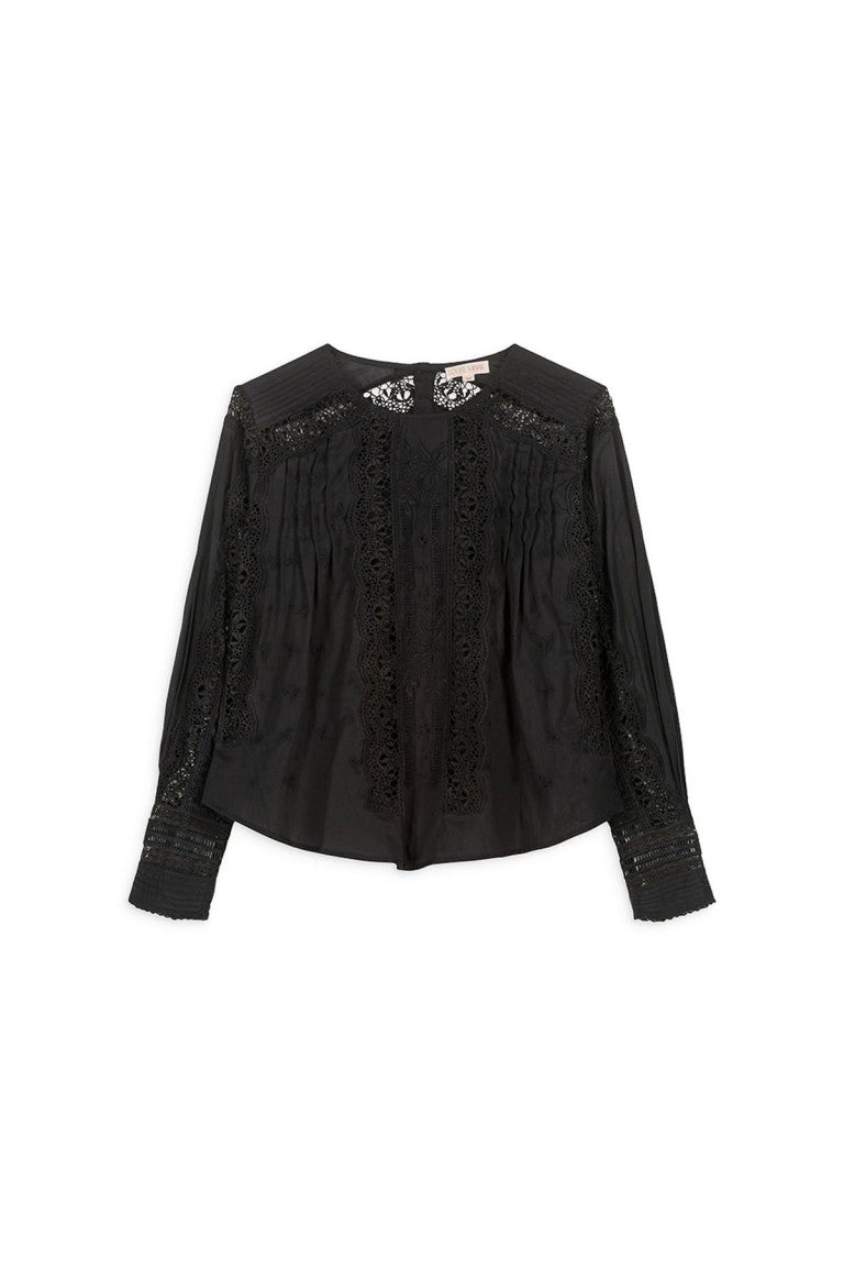 LOUISE MISHA | Jeannine Black Cotton Voile Blouse - Lace & Pleat Detail