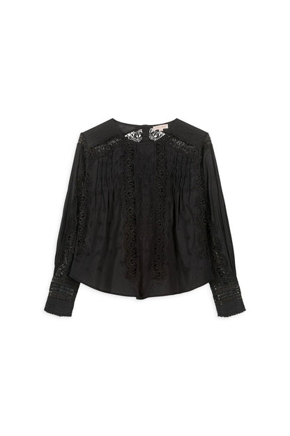 LOUISE MISHA | Jeannine Black Cotton Voile Blouse - Lace & Pleat Detail