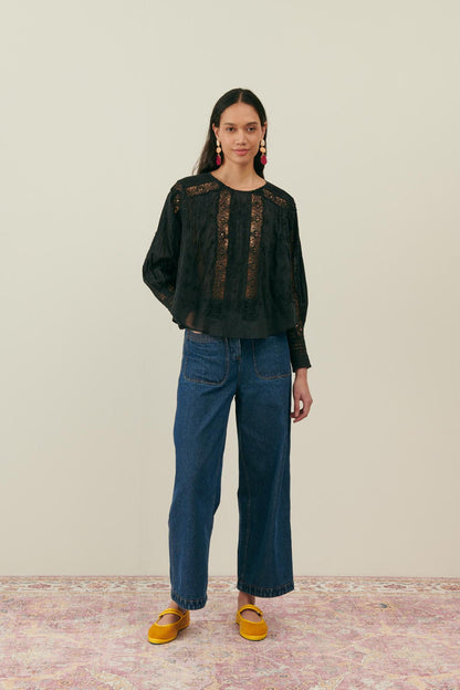 LOUISE MISHA | Jeannine Black Cotton Voile Blouse - Lace & Pleat Detail