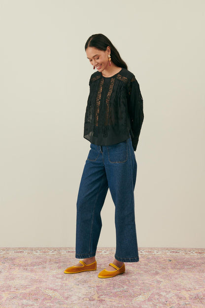LOUISE MISHA | Jeannine Black Cotton Voile Blouse - Lace & Pleat Detail