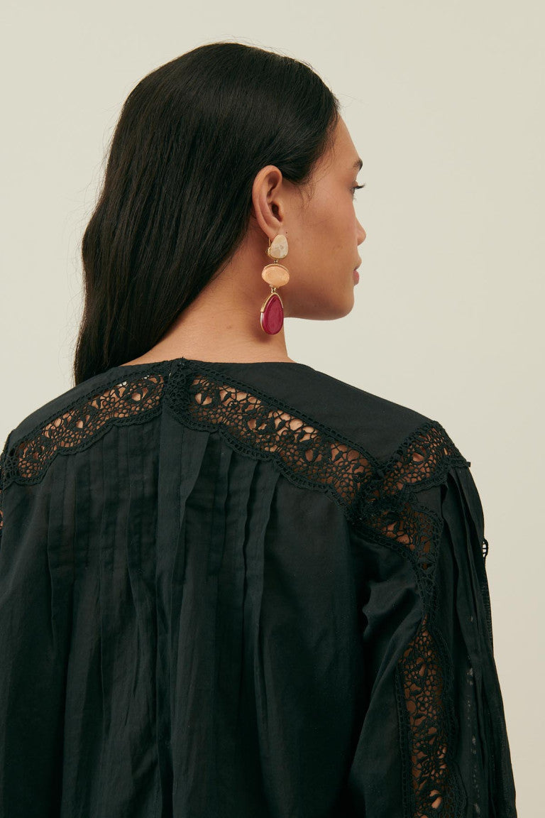 LOUISE MISHA | Jeannine Black Cotton Voile Blouse - Lace & Pleat Detail