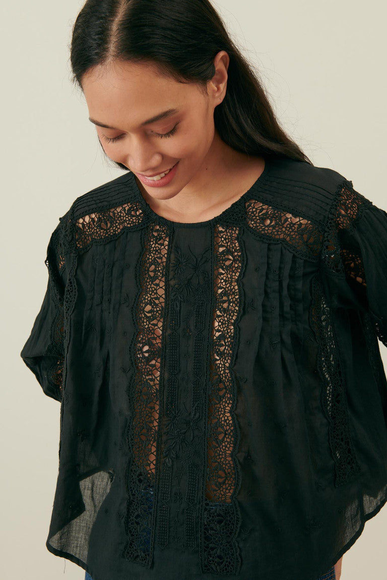LOUISE MISHA | Jeannine Black Cotton Voile Blouse - Lace & Pleat Detail