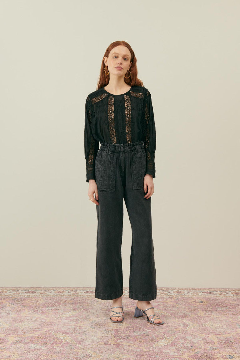 LOUISE MISHA | Jeannine Black Cotton Voile Blouse - Lace & Pleat Detail