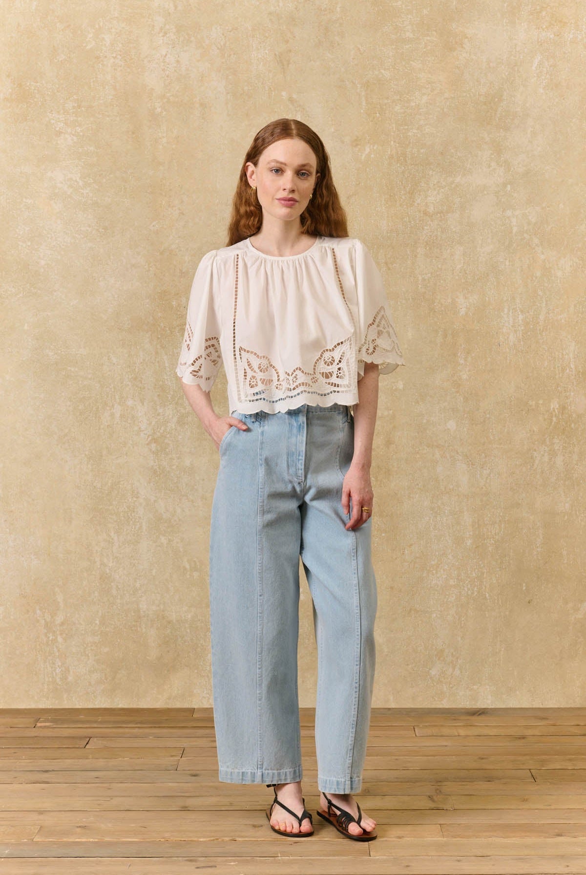 Louise Misha | Blouse Louvia Off-White - Cape Crop Top with Scalloped Embroidery