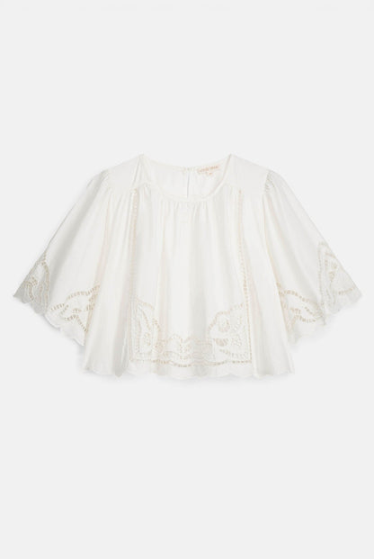 Louise Misha | Blouse Louvia Off-White - Cape Crop Top with Scalloped Embroidery