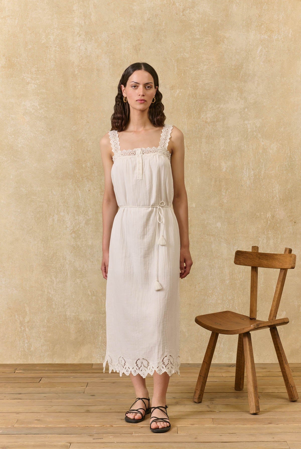 Louise Misha | Dress Madera Off-White - Double Cotton Gauze with Lace Straps