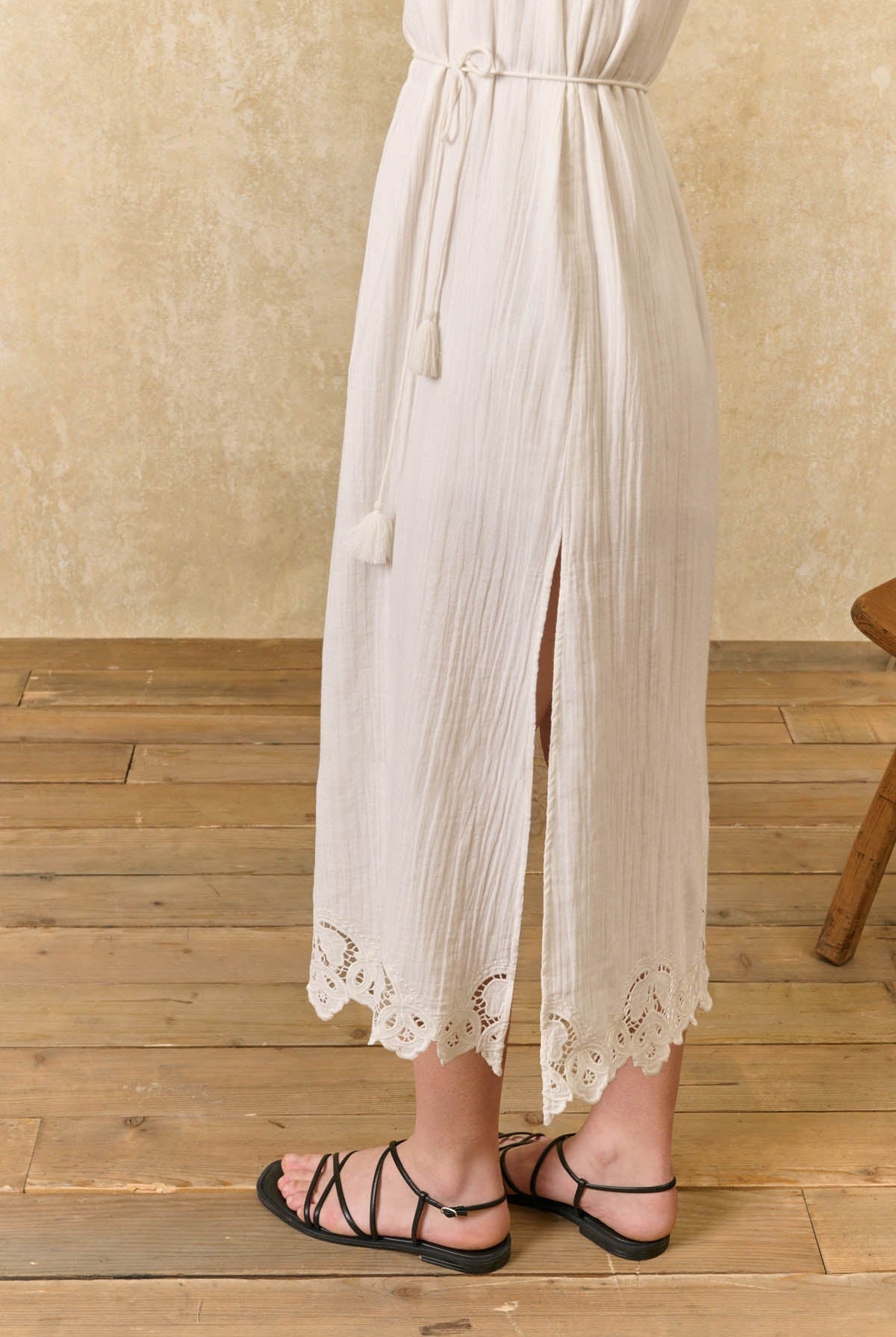 Louise Misha | Dress Madera Off-White - Double Cotton Gauze with Lace Straps