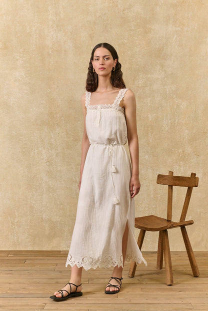 Louise Misha | Dress Madera Off-White - Double Cotton Gauze with Lace Straps