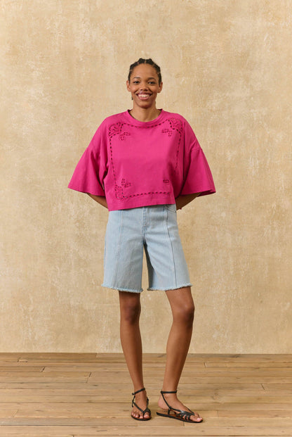Louise Misha | Neolar Fuchsia Embroidered Cropped Tee