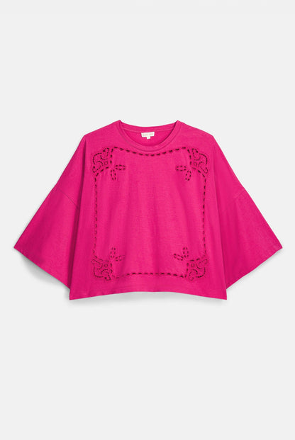 Louise Misha | Neolar Fuchsia Embroidered Cropped Tee
