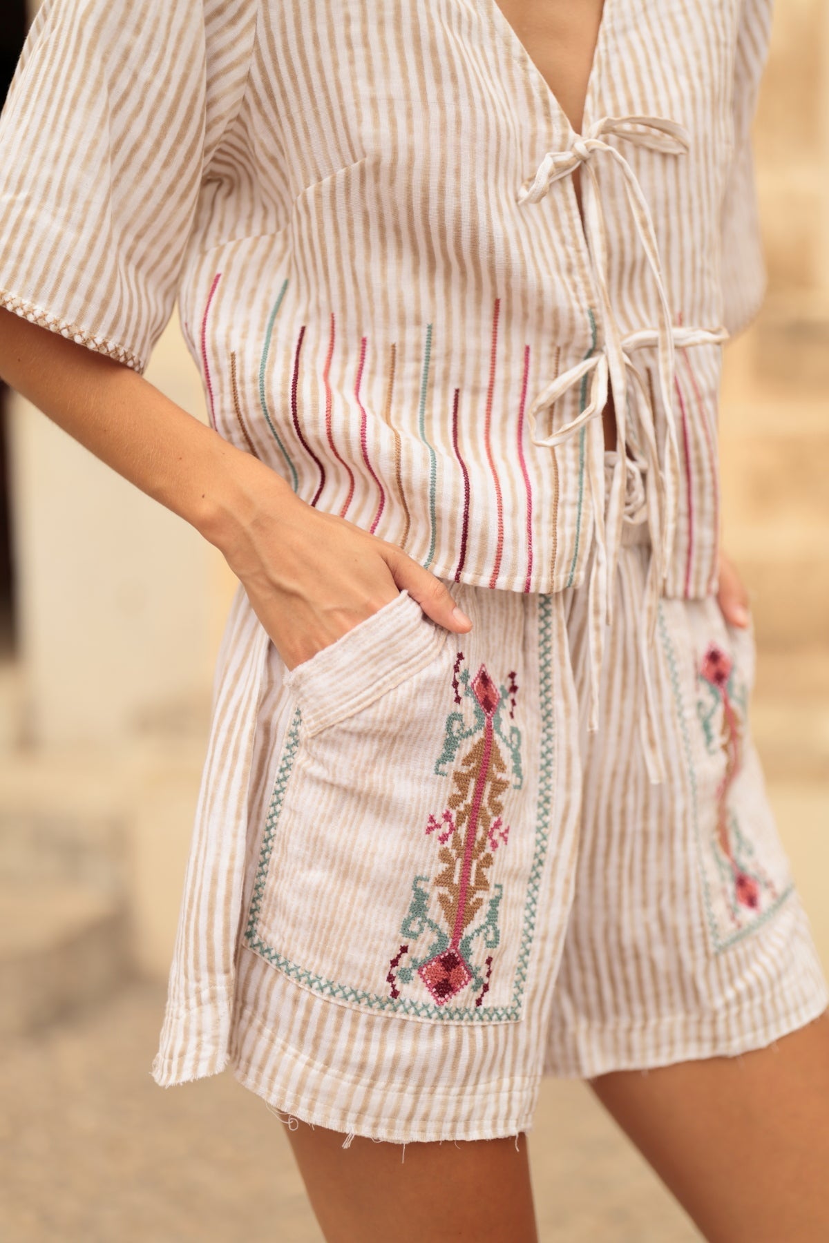 Luna Llena | Beige Striped Cotton Shorts with Hand Embroidery