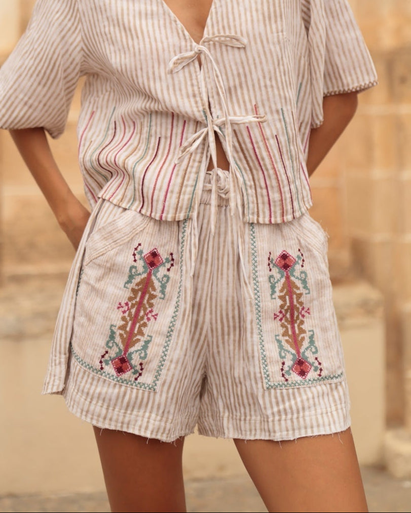 Luna Llena | Beige Striped Cotton Shorts with Hand Embroidery