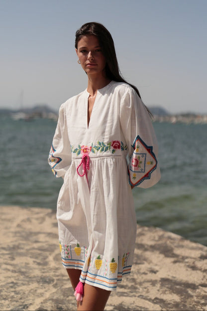LUNA LLENA | Embroidered Mini Dress with Braided Belt