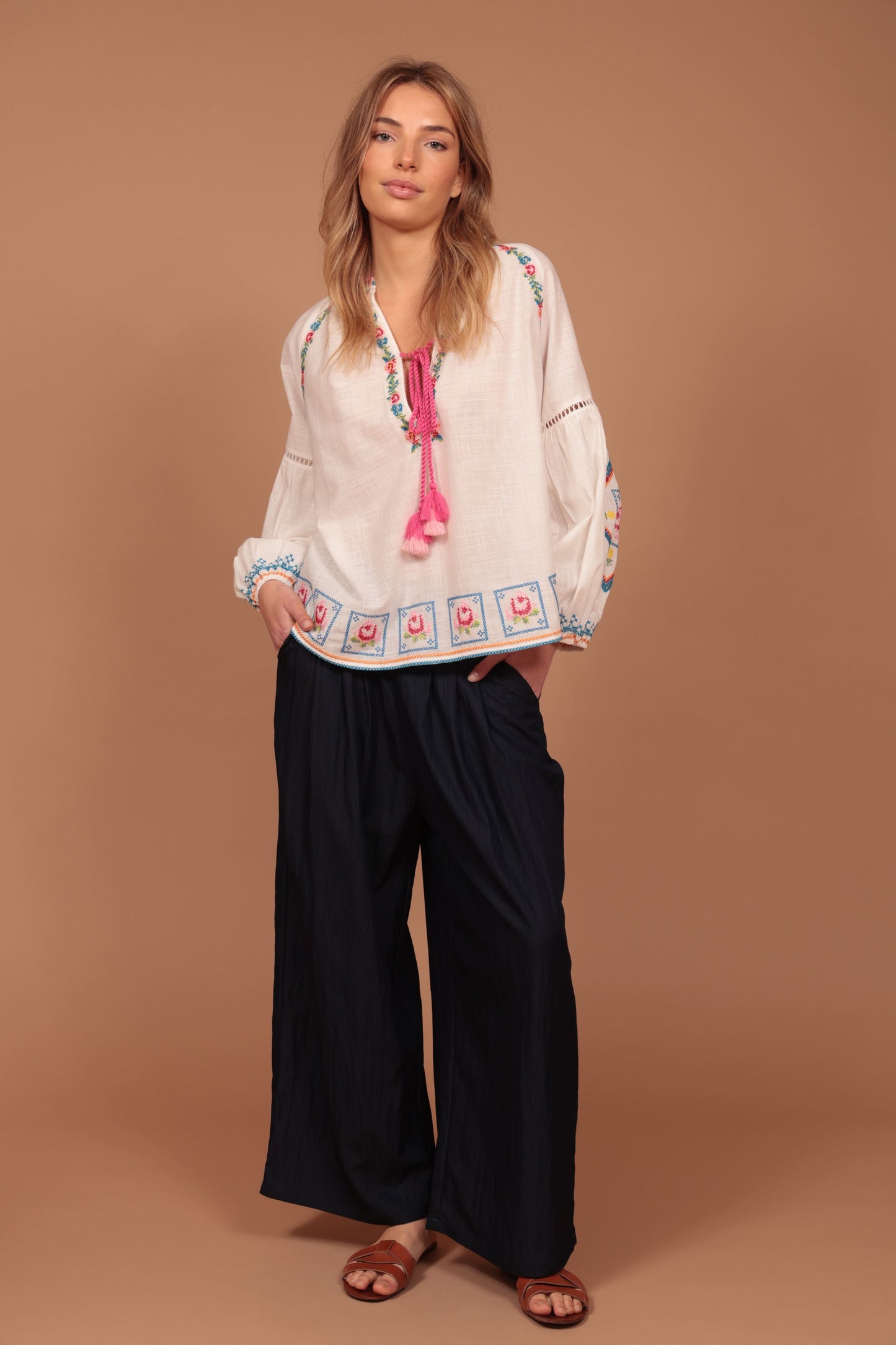 LUNA LLENA | Sculptural Cuff Blouse in White Satin