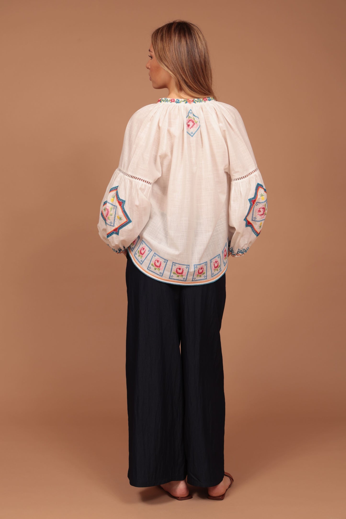LUNA LLENA | Sculptural Cuff Blouse in White Satin