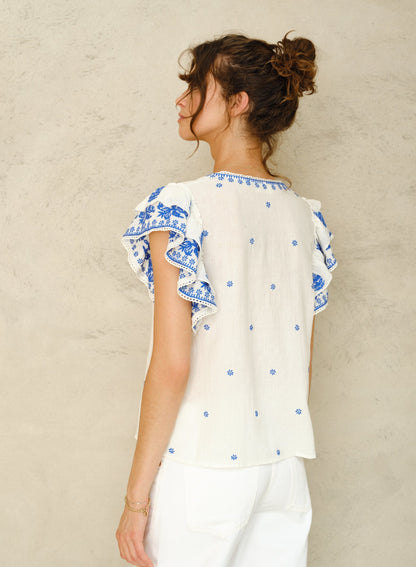 Blouse 6499143 Mina Emb Ss Top Ivory-Blue