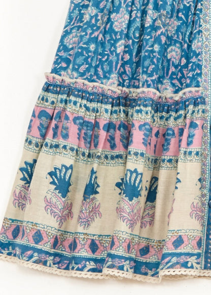 MABE | Myla Mini Skirt in Floral Blockprint Cotton with Lace Trim