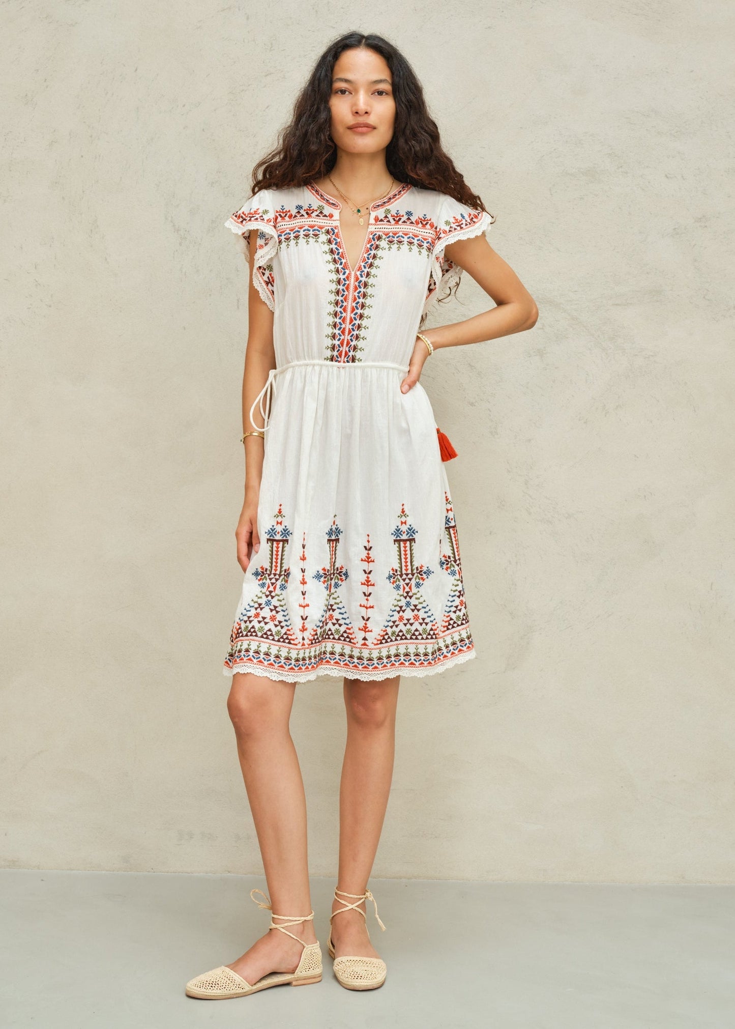 MABE | Rani Embroidered Cotton Dress - Ecru Multi