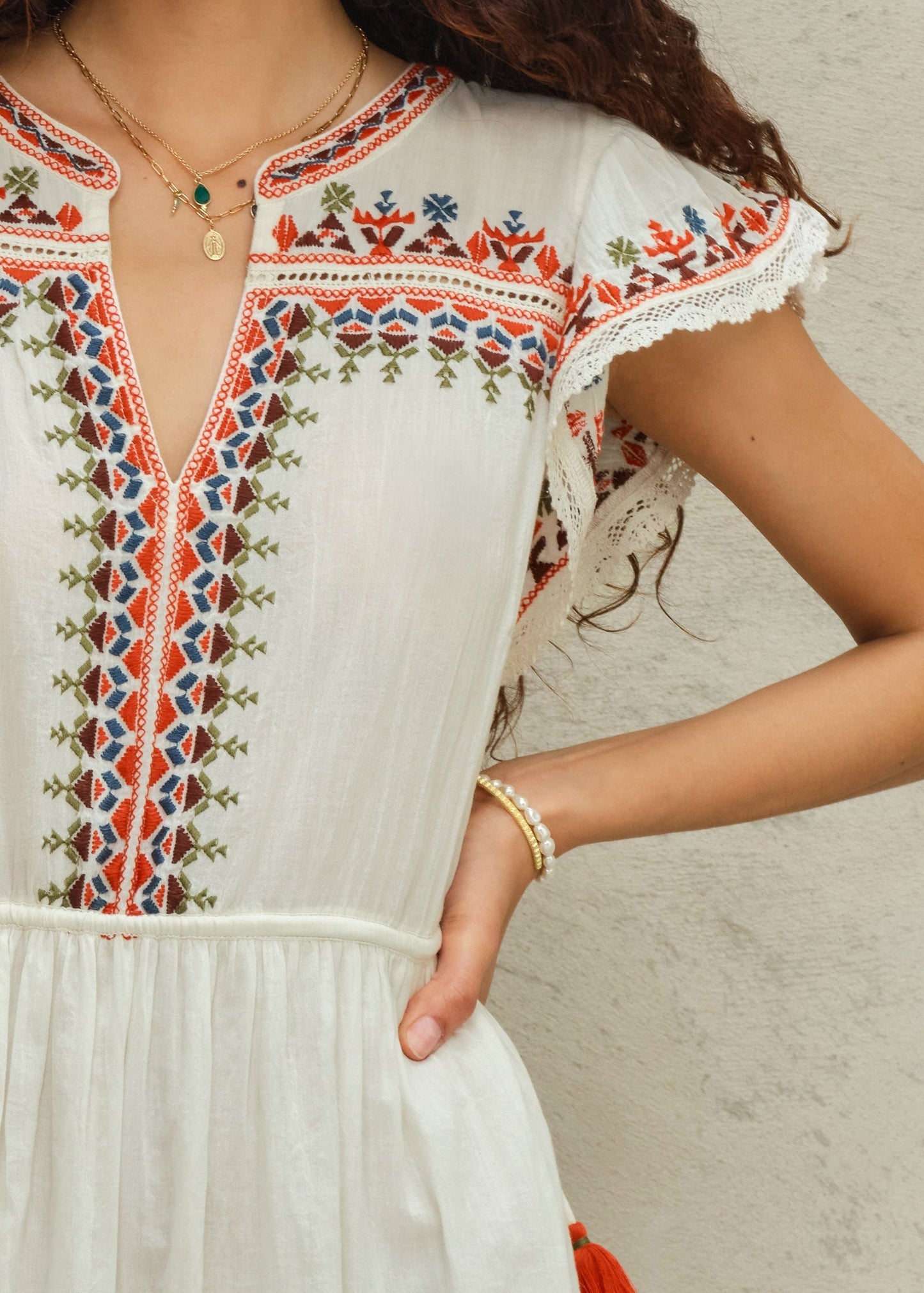 MABE | Rani Embroidered Cotton Dress - Ecru Multi
