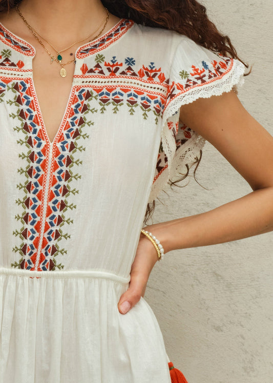 Dress Rani Emb Dress Ecru-Multi