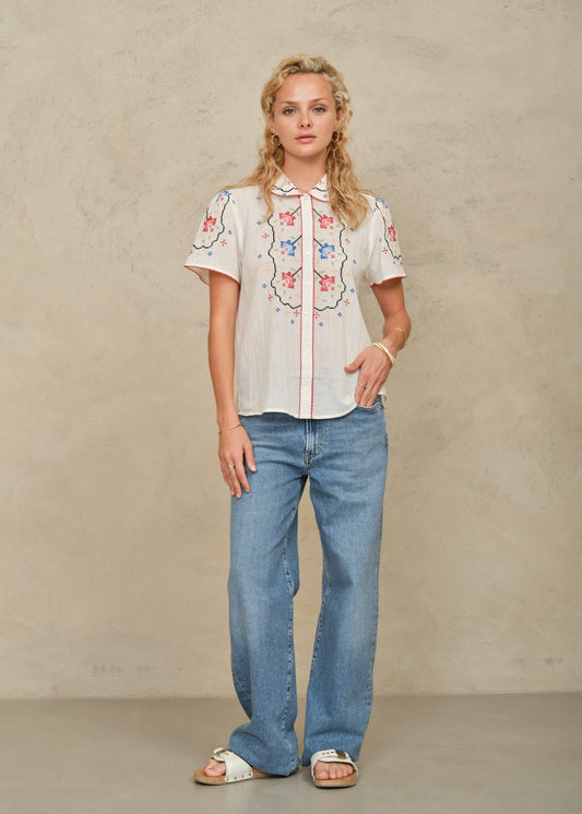Blouse Ruby Emb Ss Top Ecru-Multi