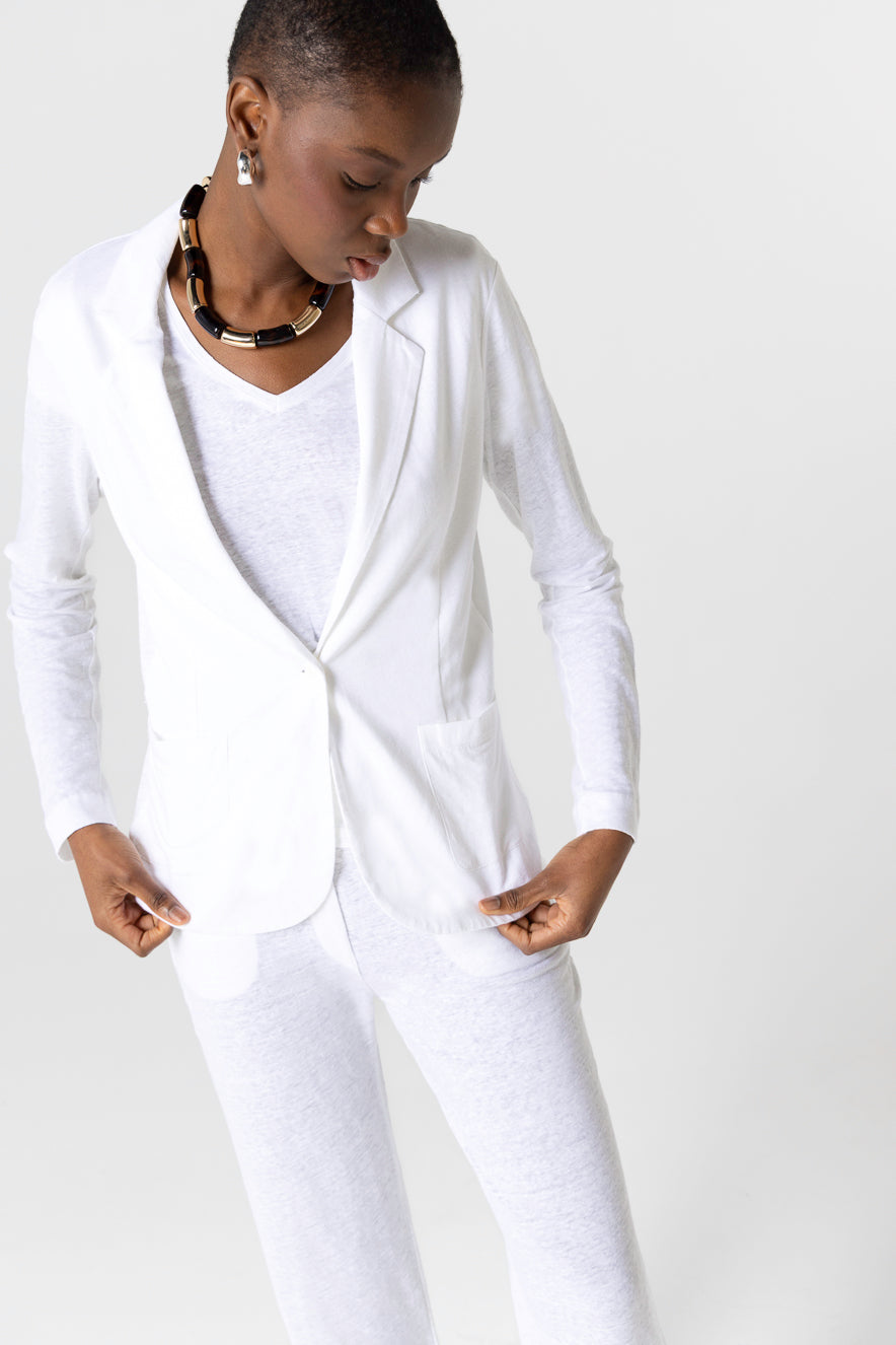 Majestic | One-Button Fitted Blazer in White French Terry