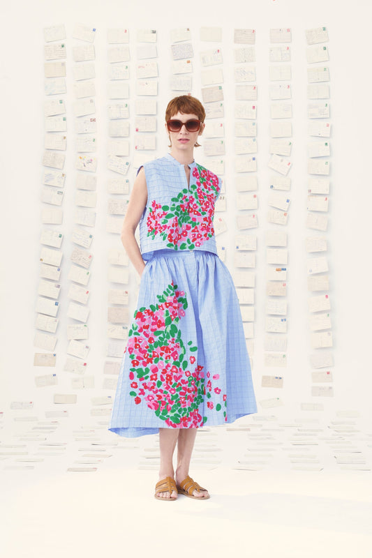 Mii | Mona Embroidered Cotton Skirt - Blue Marl Blue-Chine