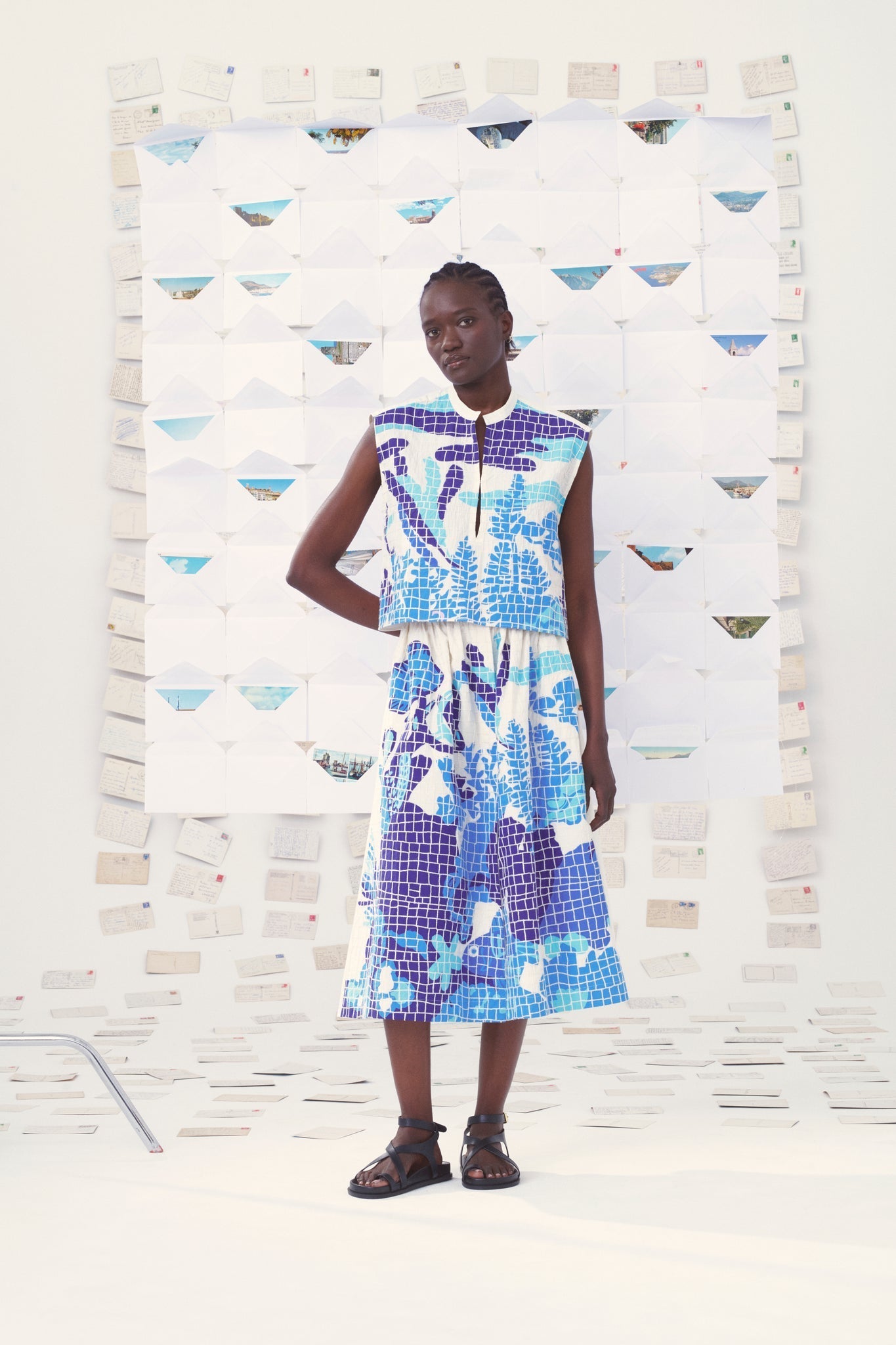 Mii | Mona Appliqué Cotton Poplin Skirt - Hand-Embroidered Mosaic Blue