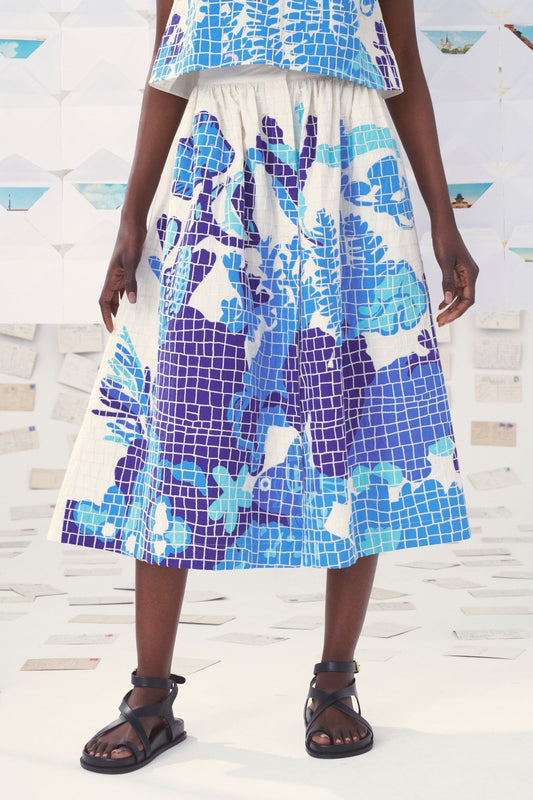 Mii | Mona Appliqué Cotton Poplin Skirt - Hand-Embroidered Mosaic Blue