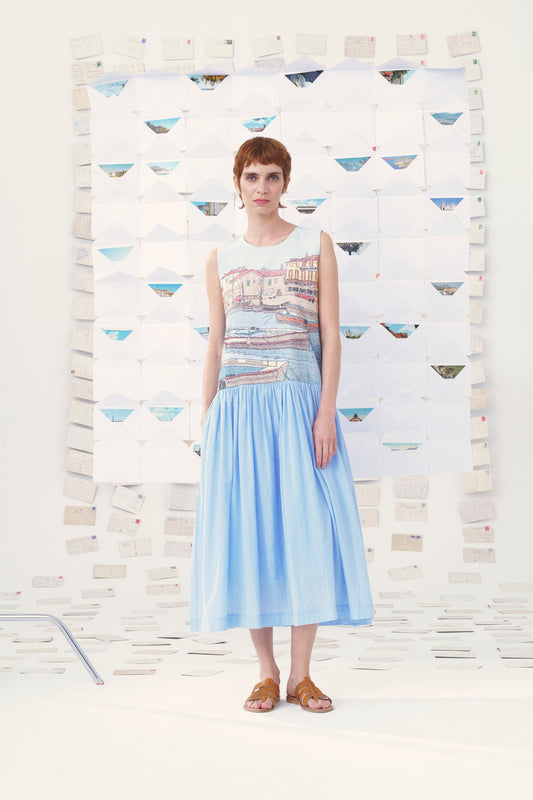 MII | Edith Dress - Hand-Embroidered Sunflower Cotton Sky-Blue Midi